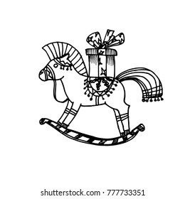 Black Mono Color Illustration for Merry Christmas and Happy New Year Print Design. Rocking Horse with Gift. Coloring Book Page Design for Adults or Kids