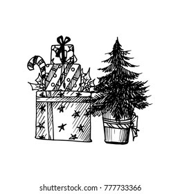 Black Mono Color Illustration for Merry Christmas and Happy New Year Print Design. Graphical Sketch Christmas Tree and Gifts. Coloring Book Page Design for Adults or Kids