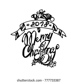 Black Mono Color Illustration for Merry Christmas and Happy New Year Print Design. Hand Drawn Banner. Coloring Book Page Design for Adults or Kids