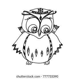 Black Mono Color Illustration for Merry Christmas and Happy New Year Print Design. Cartoon Character Owl. Coloring Book Page Design for Adults or Kids