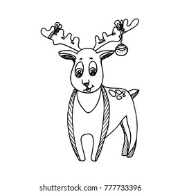 Black Mono Color Illustration for Merry Christmas and Happy New Year Print Design. Reindeer Character. Coloring Book Page Design for Adults or Kids