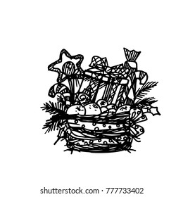 Black Mono Color Illustration for Merry Christmas and Happy New Year Print Design. Wicker Basket with Gifts. Coloring Book Page Design for Adults or Kids