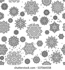 Black mono color seamless pattern for coloring pages design with snowflakes. Vector illustration.