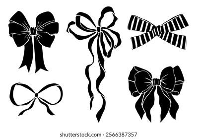 Black Monochrome decorative ribbon bow silhouettes set. Holiday sign collection. Ribbon symbol, accessory logo, symbol, icons, cut files. Vector outline illustrations isolated on white background.