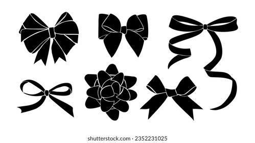 Black Monochrome decorative ribbon bows set. Holiday sign collection. Ribbon symbol, accessory logo, svg, cut files. Vector outline illustrations isolated on white background svg