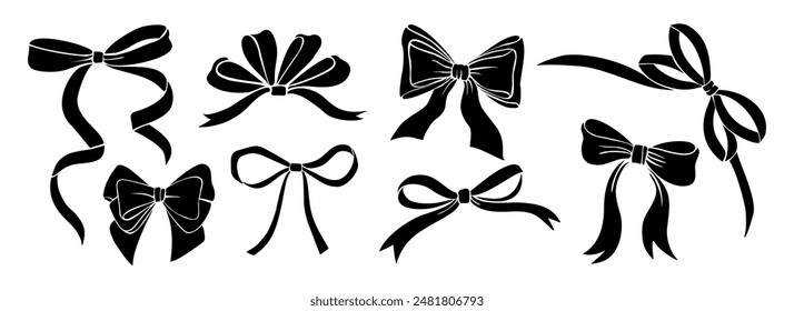 Black Monochrome decorative ribbon bows set. Holiday sign collection. Ribbon symbol, accessory logo, cut files. Vector outline illustrations isolated on white background.