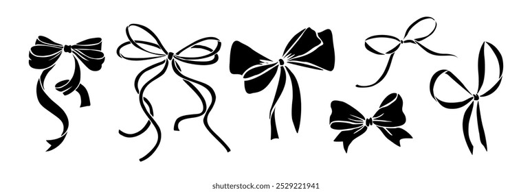 Conjunto de lazos de cinta decorativa monocromática negra. colección de signo de Festiva. Símbolo de la cinta, logotipo del accesorio, Clipart, cortar archivos. Ilustraciones de contorno de Vector aisladas sobre fondo blanco.