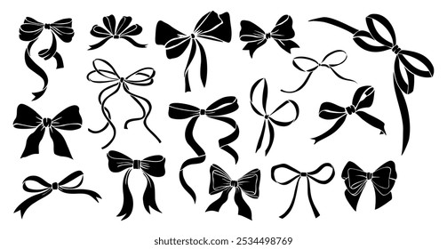 Black Monochrome decorative ribbon bows set. Holiday sign collection. Ribbon symbol, accessory logo, cut files. Vector outline illustrations isolated on white background.