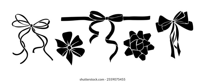 Black Monochrome decorative ribbon bows set. Holiday sign collection. Ribbon symbol, accessory logo, cut files. Vector outline illustrations isolated on white background.