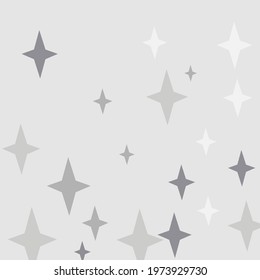 Black Monochrome Four-pointed Mystery Holiday Pattern. Cozy Night Winter Gray White Composition. Magic Silver New Year Christmas Print Background. Chaotic Dark Stars Grey Sky Illustration.