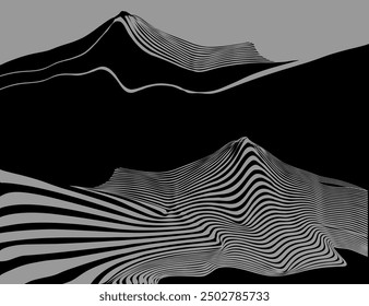 Black monochrome geometric abstract poster with stripes wavy texture. Metaverse concept background for wall art, panel, poster, web banner, mobile apps, interior decor. 