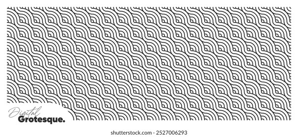 Black monochrome geometric pattern. Seamless outline background with sea waves texture. 