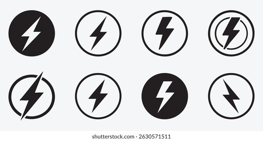 black monochrome lightning bolt icon collection with circle borders in eight variations