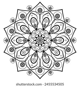 Black monochrome mandala vector illustration. Ornamental round lace ornament. Floral Indian ornaments for print. Yoga life style home decor. Ethnic coloring page