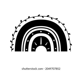 Black monochrome rainbow flat style. Natural rainbow abstract hand drawn icon. Glyph nature weather element. For poster, print, nursery room or card. Isolated vector