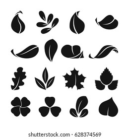 Black monochrome symbols of spring leaf. Vector shapes. Summer icon set isolate on white background
