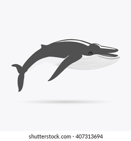 Black monochrome whale isolated on white background. Largest animal in world. Huge creating floating in the ocean or the sea. Big mammal whale with tail and fin living in water. Vector illustration