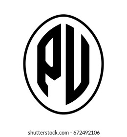 Black monogram curved oval shape initial letter pu logo vector