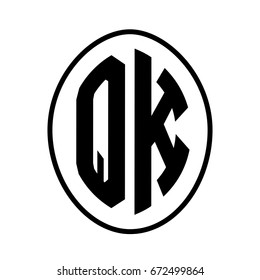 Black monogram curved oval shape initial letter qk logo vector