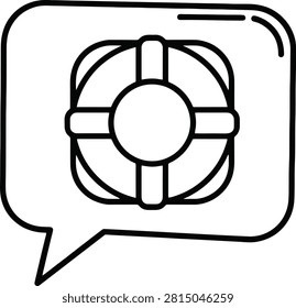 Black Monoline Chat Bubble Icon Containing a Life Ring Buoy Symbol for Help and Support Messaging