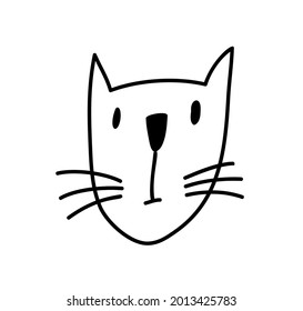 Black monoline face of Scandinavian cat. Hand drawn illustration of a flat. Design element of t-shirt, home textiles, wrapping paper, children textiles.