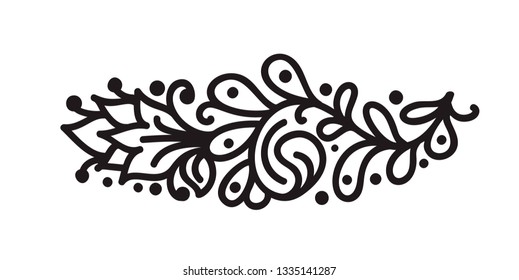 Black monoline flourish isolated monogram vector with leaves and flowers. Corners and dividers for Valentines Day, wedding, birthday greeting card, book, web design.