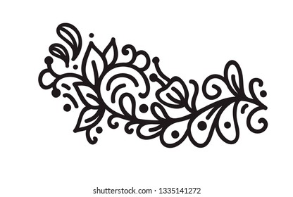 Black monoline flourish scandinavian monogram vector with leaves and flowers. Vintage corners and dividers for Valentines Day, wedding, birthday greeting card, book, web design.