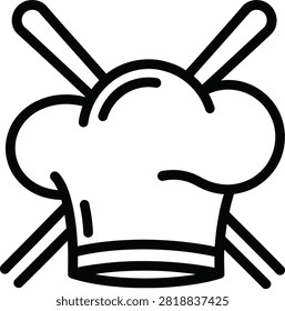Black Monoline Icon of a Professional Chef Hat and Crossed Chopsticks Representing Asian Fusion Culinary Excellence
