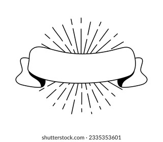 Black monoline ribbon with sun rays. Line banner icon, Web design element. Hand drawn vector illustration. Place for your text for business, greeting card and holidays copy space