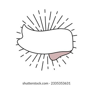 Black monoline ribbon with sun rays. Line banner icon, Web design element. Hand drawn vector illustration. Place for your text for business, greeting card and holidays copy space