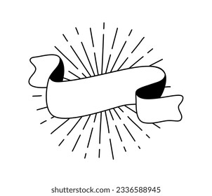 Black monoline ribbon with sun rays. Line banner icon, Web design element. Hand drawn vector illustration. Place for your text for business, greeting card and holidays copy space