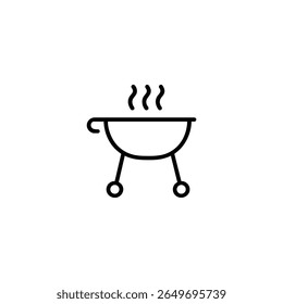 A black monoline stroke depicts a barbecue grill with wheels, a handle, and smoke, perfect for outdoor cooking.