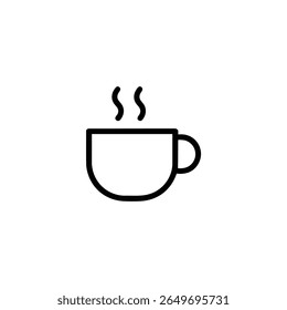 A black monoline stroke depicts a coffee cup with a handle and rising steam, perfect for beverage or cafe themes.