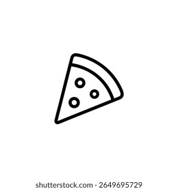 A black monoline stroke depicts a triangular pizza slice with scattered toppings, representing fast food.