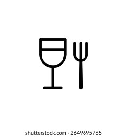 A black monoline stroke depicts a wine glass beside a fork, representing dining or restaurant settings.