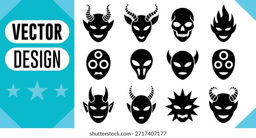 Monstro preto alienígena e diabo ícones vetor
