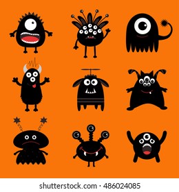 Black monster big set. Cute cartoon scary silhouette character. Baby collection. Orange background. Isolated. Happy Halloween card. Flat design. Vector illustration.