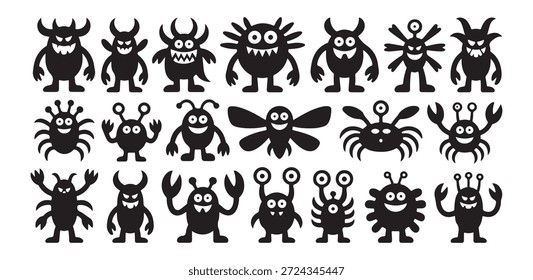 Conjunto de caracteres de monstro preto. Coleção de várias criaturas assustadoras, bestas engraçadas e personagens de fantasia.