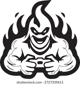 Monstruo negro con las llamas y el juego de mando blanco