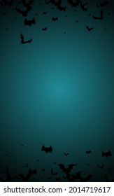 Black Monster Fly Vector Blue Background. Bat Flying Wallpaper. Creepy Flock Design. Decor Poster.