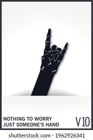 Black monster hand out of the gap shows sign of the horns gesture. Vector mock-up for design. 