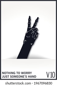 Black monster hand out of the gap shows victory gesture. Vector mock-up for design.