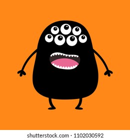 Black monster silhouette. Cute cartoon scary funny character. Baby collection. Many eyes, fang tooth tongue, hands. Orange background. Isolated. Happy Halloween card. Flat design. Vector illustration