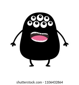 Black monster silhouette. Cute cartoon scary funny character. Baby collection. Many eyes, fang tooth tongue, hands. White background. Isolated. Happy Halloween card. Flat design. Vector illustration