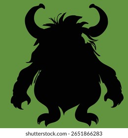 
Black Monster Silhouette with Horns on Green Background