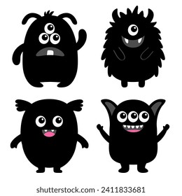 Black monster silhouette icon set. Happy Halloween. Cute cartoon kawaii scary funny baby character. Eyes, tooth fang, tongue,hands up. White background. Isolated. Flat design. Vector illustration