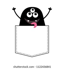 Black monster silhouette in the pocket. Hands up. Cute cartoon scary funny character. Baby collection. T-shirt design. Eyes, fang tooth, tongue. White background. Happy Halloween. Flat design. Vector