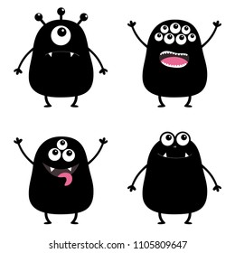 Black monster silhouette set. Cute cartoon scary character. Baby collection. Eyes, tongue, hands up. White background. Isolated. Happy Halloween card. Flat design. Vector illustration