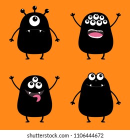 Black monster silhouette set. Cute cartoon scary character. Baby collection. Eyes, tongue, hands up. Isolated. Orange background. Happy Halloween card. Flat design. Vector illustration