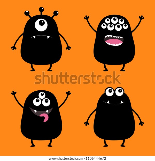 Black Monster Silhouette Set Cute Cartoon Stock Vector Royalty